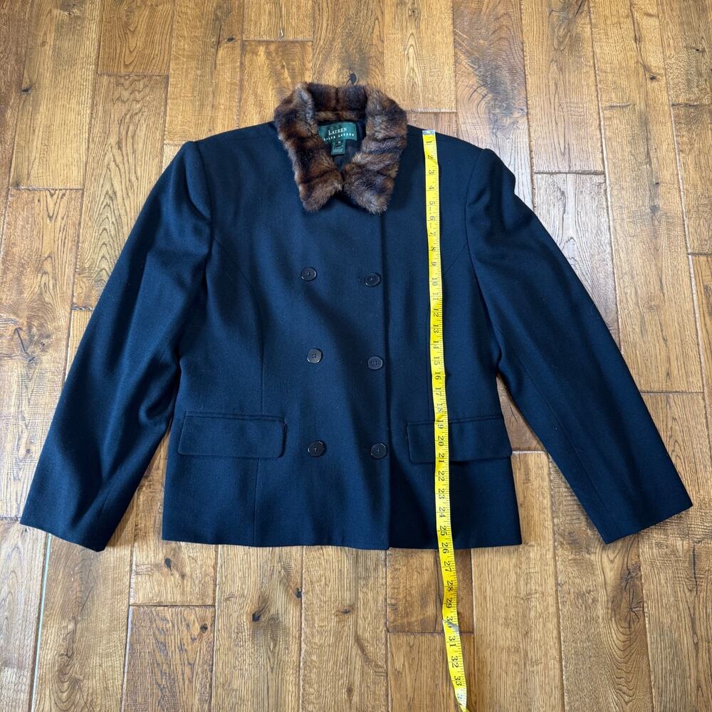 90s Ralph Lauren 100% Lambs Wool Jacket Suit Womens Sz 16 Faux Fur Collar Black - Picture 5 of 12